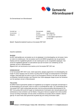 Raadsinformatiebrief 2020 168590 Reactie Op Vervoerplan RET 2021