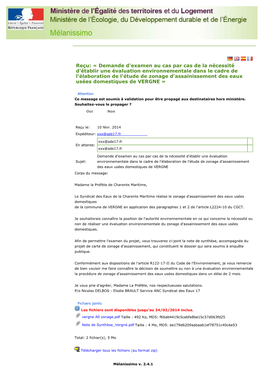 Reçu: « Demande D'examen Au Cas Par Cas De La Nécessité D'établir Une