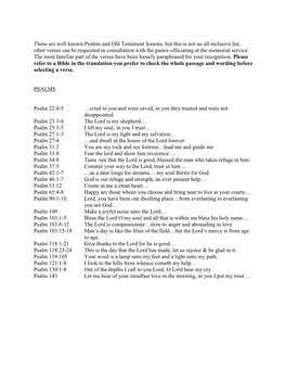 These Are Well Known Psalms and Old Testament Lessons, but This Is Not an All Inclusive List, Other Verses Can Be Requested in C