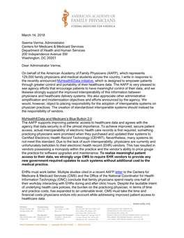 AAFP Letter to CMS in Response to Myhealthedata Initiative