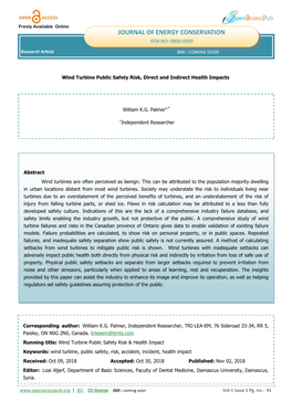 Wind Turbine Public Safety Risk, Direct and Indirect Health Impacts