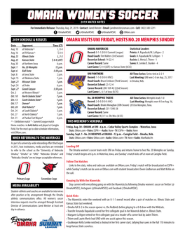 Omaha Women's Soccer 2019 MATCH NOTES for Immediate Release: Thursday, Aug