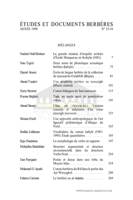 E´Tudes Et Documents Berbe`Res, 15-16, 1998 : Pp