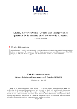 Azufre, Ciclo Y Sistema. Contra Una Interpretación Quietista De La Minería En El Desierto De Atacama Nicolas Richard