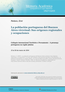 La Población Portuguesa Del Buenos Aires Virreinal: Sus Orígenes Regionales Y Ocupaciones