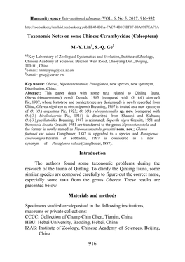 Taxonomic Notes on Some Chinese Cerambycidae (Coleoptera) M.-Y. Lin1, S.-Q. Ge2 Introduction the Authors Found Some Taxonomic Pr