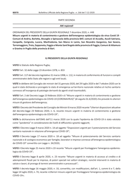 PARTE SECONDA Atti Regionali ORDINANZA DEL PRESIDENTE DELLA GIUNTA REGIONALE 7 Dicembre 2020, N. 448 Misure Urgenti in Materia D