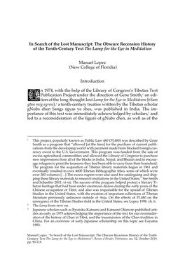 In Search of the Lost Manuscript: the Obscure Recension History of the Tenth-Century Text the Lamp for the Eye in Meditation