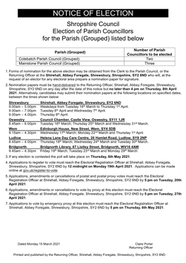 NOTICE of ELECTION Shropshire Council Election of Parish Councillors for the Parish (Grouped) Listed Below