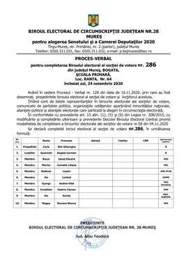 BIROUL ELECTORAL DE CIRCUMSCRIPŢIE JUDEȚEAN NR.28 MUREȘ Pentru Alegerea Senatului Şi a Camerei Deputaţilor 2020 Tîrgu-Mureș, Str