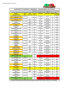 COMITATO DI MONZA E BRIANZA - CALENDARIO 2017/2018 PERIODO: Gennaio/Settembre 2018 - Aggiornamento N