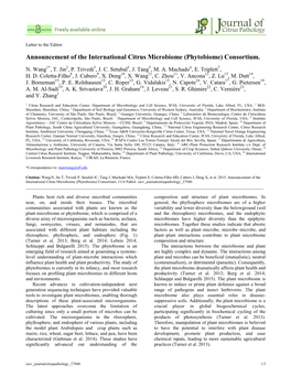 Announcement of the International Citrus Microbiome (Phytobiome) Consortium