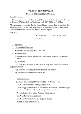 PARISH of THORNHACKETT Notice of Meeting of Parish Council. Dear