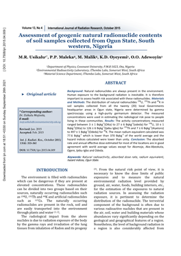 Assessment of Geogenic Natural Radionuclide Contents of Soil Samples Collected from Ogun State, South Western, Nigeria