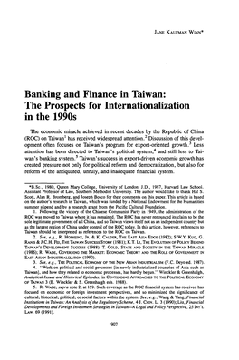 Banking and Finance in Taiwan: the Prospects for Internationalization in the 1990S
