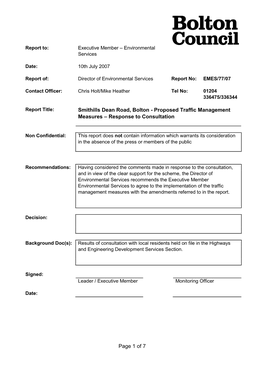 Smithills Dean Road, Bolton - Proposed Traffic Management Measures – Response to Consultation