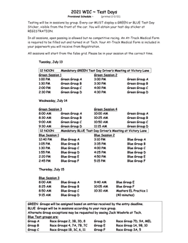 2021 WIC ~ Test Days Provisional Schedule ~ (Printed 2/2/21)