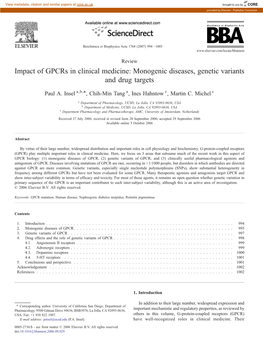 Impact of Gpcrs in Clinical Medicine: Monogenic Diseases, Genetic Variants and Drug Targets ⁎ Paul A