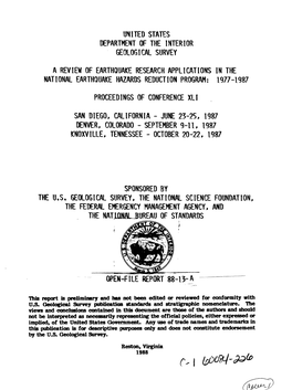 United States Department of the Interior Geological Survey a Review of Earthquake Research Applications in the National Earthqua