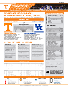 TENNESSEE (10-9, 3-4 SEC) Vs. #4/#4 KENTUCKY (17-2, 7-0 SEC)