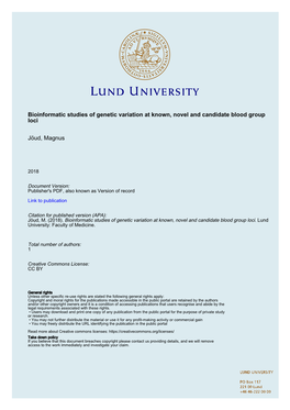 Bioinformatic Studies of Genetic Variation at Known, Novel and Candidate Blood Group Loci Jöud, Magnus