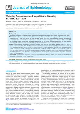 Widening Socioeconomic Inequalities in Smoking in Japan, 2001–2016 Hirokazu Tanaka1,2, Johan P