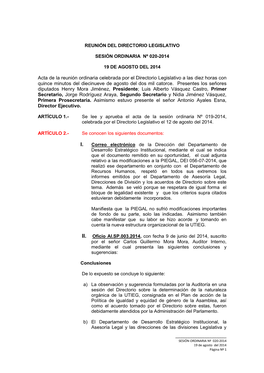 Acta De La Reunión Ordinaria Celebrada Por El Directorio Legislativo a Las Diez Horas Con Quince Minutos Del Diecinueve De Agosto Del Dos Mil Catorce