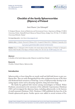 Diptera) of Finland 325 Doi: 10.3897/Zookeys.441.7250 CHECKLIST Launched to Accelerate Biodiversity Research