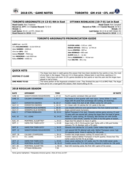 2018 Cfl · Game Notes Toronto Gm #18 · Cfl #87