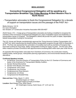 Connecticut Congressional Delegation Will Be Speaking at a Transportation Breakfast This Friday Morning at Best Western Plus in North Haven