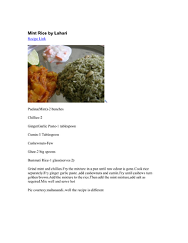 Mint Rice by Lahari Recipe Link