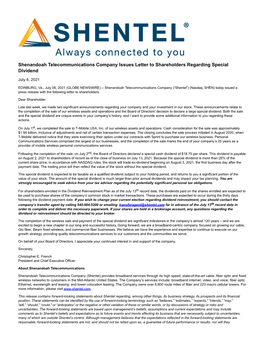 Shenandoah Telecommunications Company Issues Letter to Shareholders Regarding Special Dividend