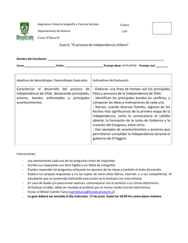 Guía 6: “El Proceso De Independencia Chileno”