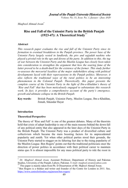 Rise and Fall of the Unionist Party in the British Punjab (1923-47): a Theoretical Study**