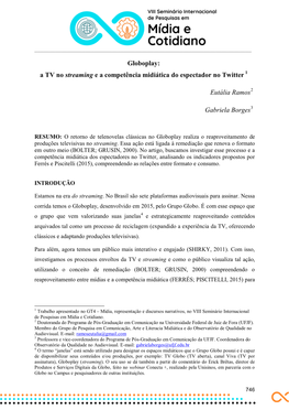 Globoplay: a TV No Streaming E a Competência Midiática Do Espectador No Twitter 1 Eutália Ramos2 Gabriela Borges3