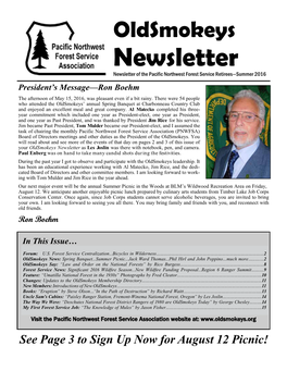 Newsletter Newsletter of the Pacific Northwest Forest Service Retirees—Summer 2016