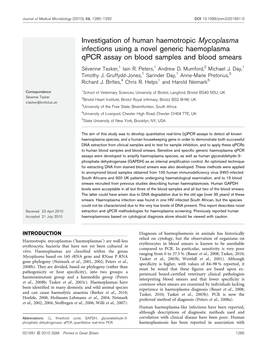 Investigation of Human Haemotropic Mycoplasma Infections Using a Novel Generic Haemoplasma Qpcr Assay on Blood Samples and Blood Smears