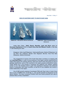 OSD of EASTERN FLEET to SOUTH EAST ASIA Indian Navy Ships