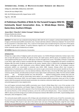 A Preliminary Checklists of Birds for the Furaand Furagosa Wild Life Community Based Conservation Area, in Mirab-Abaya District, Gamo Zone, Southern Ethiopia