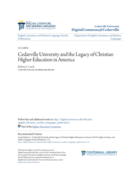 Cedarville University and the Legacy of Christian Higher Education in America Barbara L