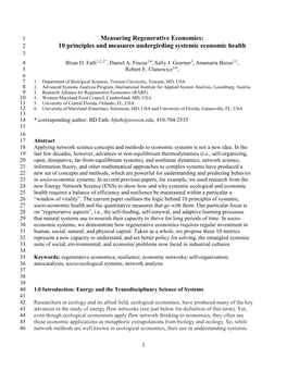 Measuring Regenerative Economics: 2 10 Principles and Measures Undergirding Systemic Economic Health 3 4 Brian D