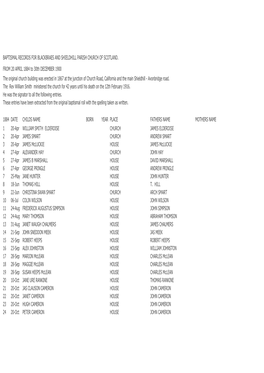 Baptismal Records for Blackbraes and Shieldhill Parish Church of Scotland