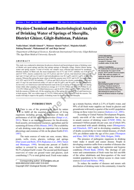Online First Article Physico-Chemical and Bacteriological Analysis of Drinking Water of Springs of Sherqilla, District Ghizer, Gilgit-Baltistan, Pakistan