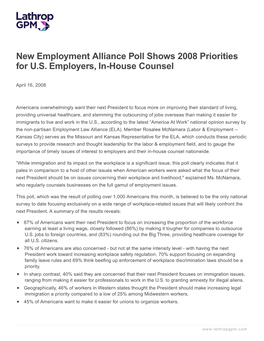 New Employment Alliance Poll Shows 2008 Priorities for U.S. Employers, In-House Counsel