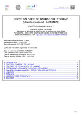 CRETE CALCAIRE DE BARBAGGIO / TEGHIME (Identifiant National : 940031072)