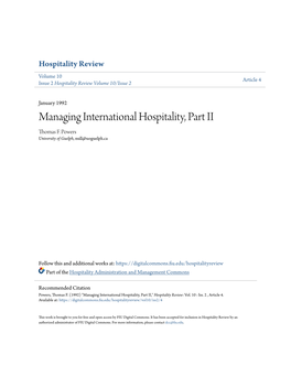 Managing International Hospitality, Part II Thomas F