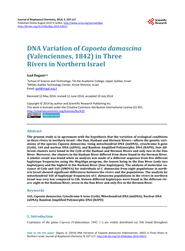 DNA Variation of Capoeta Damascina (Valenciennes, 1842) in Three Rivers in Northern Israel