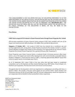 Press Release K-REIT Asia to Acquire 87.5% Interest in Ocean Financial