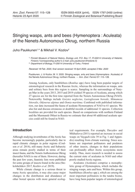 Stinging Wasps, Ants and Bees (Hymenoptera : Aculeata) of the Nenets Autonomous Okrug, Northern Russia