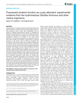 Fluorescent Proteins Function As a Prey Attractant: Experimental Evidence from the Hydromedusa Olindias Formosus and Other Marine Organisms Steven H